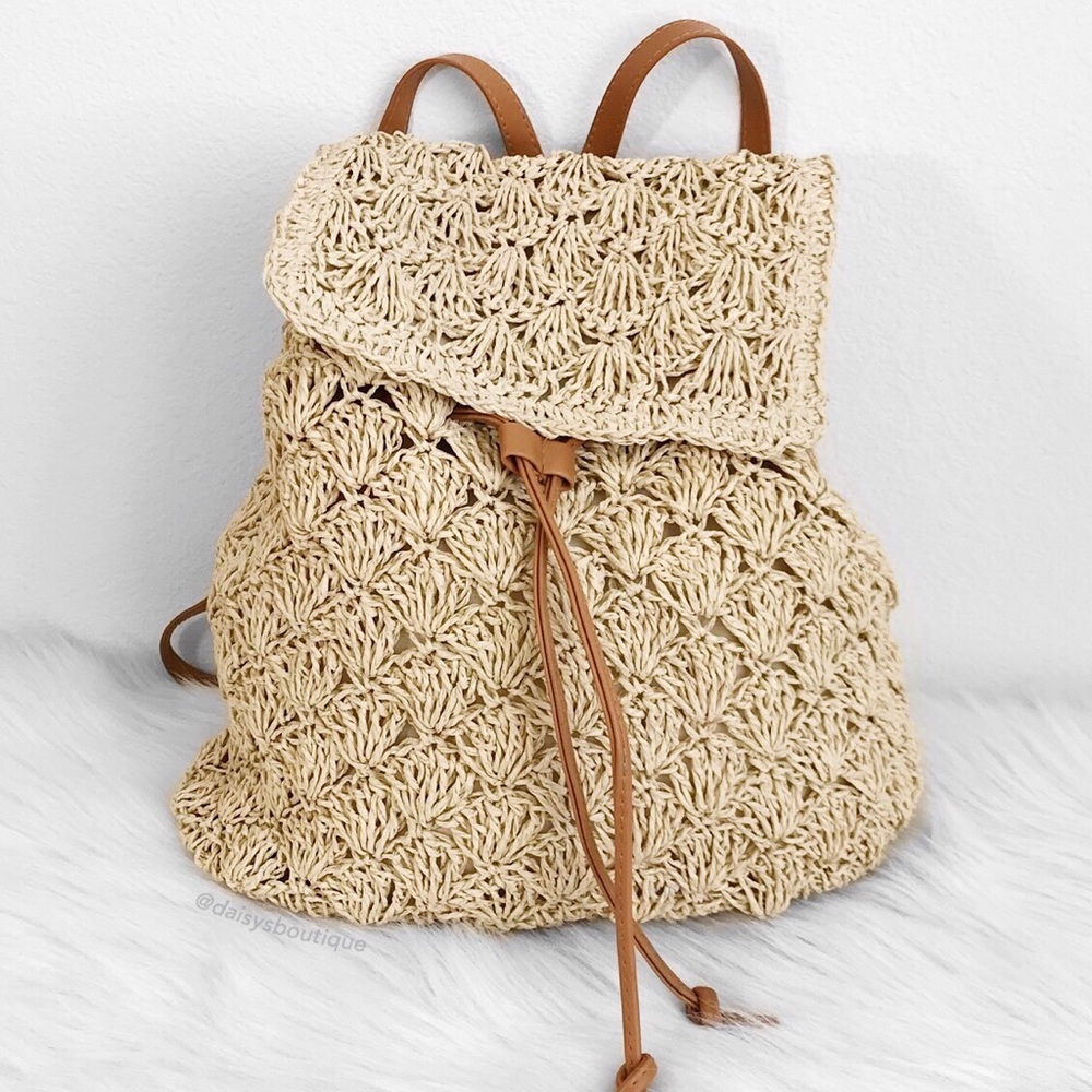 tan straw woven drawstring beach backpack - Picture 2 of 8
